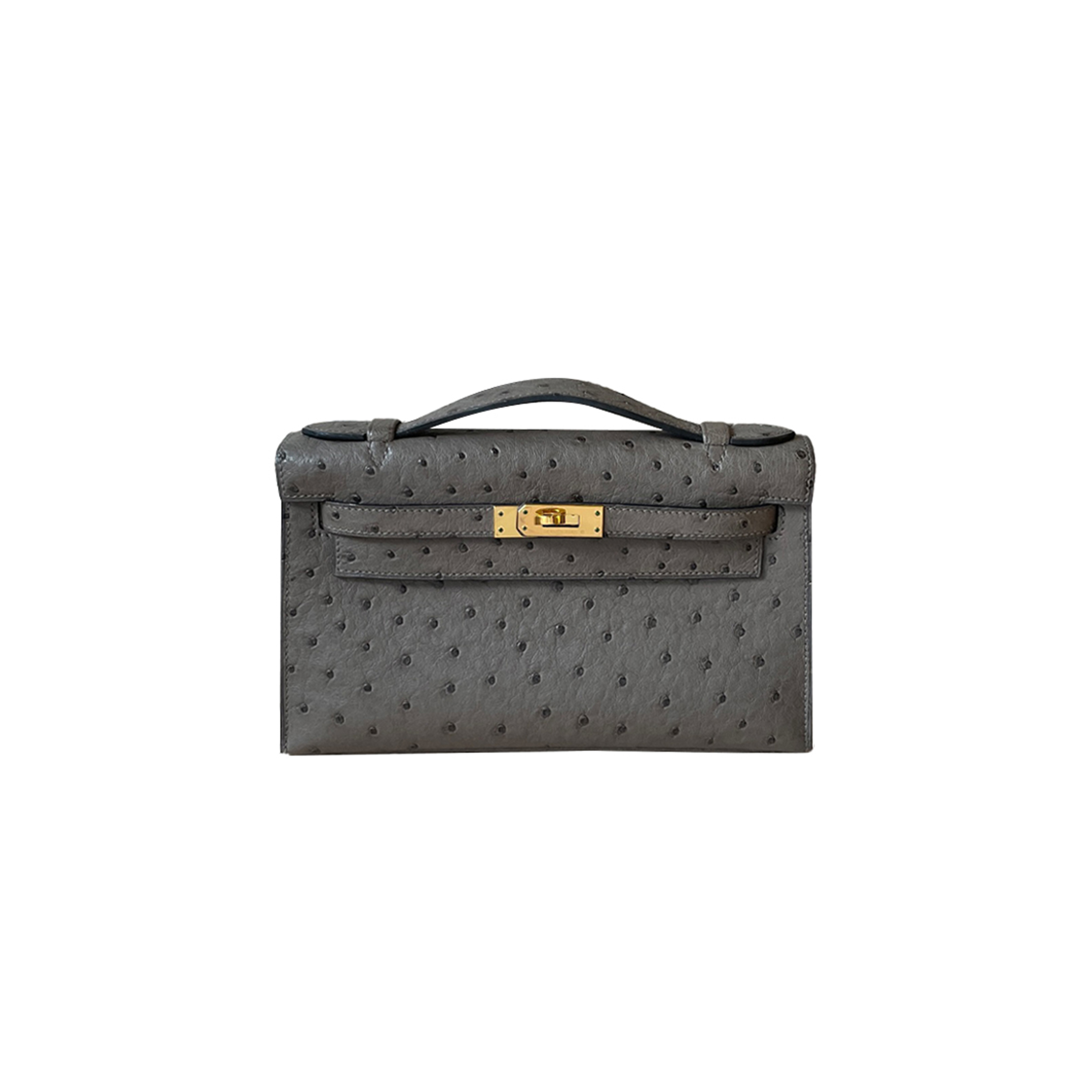 HERMÈS MASTER MINI KELLY GRAPHITE OSTRICH LEATHER SILVER BUCKLE (22*14*7cm)